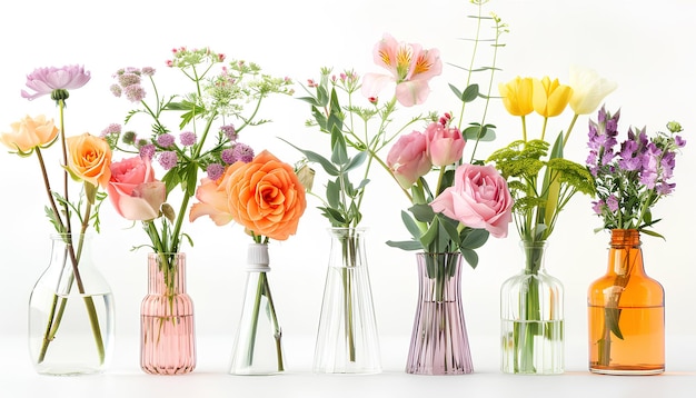 Conjunto de hermosas flores frescas en jarrones elegantes sobre un fondo blanco