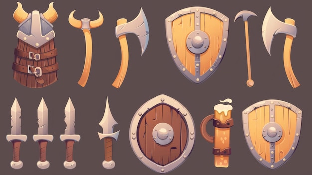 Un conjunto de herramientas y armas vikingas para iconos de la interfaz de usuario del juego Ilustración de dibujos animados que muestra escudos de madera y hierro y hachas cascos con cuernos y cuernos de cerveza Fantasía antiguos accesorios de guerreros celtas