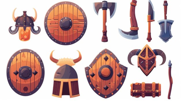 Un conjunto de herramientas y armas vikingas para juegos Ilustración moderna de escudo vikingo hacha casco con cuernos y cuerno de cerveza Fantasía accesorios de combate celtas primitivos