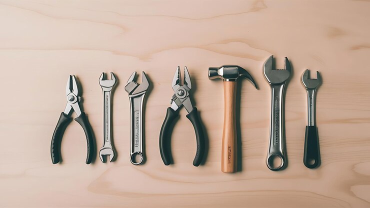 Conjunto de herramientas de construcción en superficie de madera