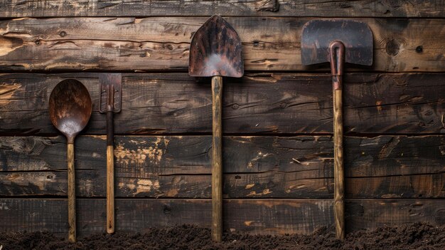 Foto un conjunto de herramientas de jardín retro en un fondo de madera