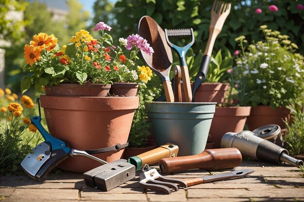 Conjunto de herramientas de jardinería para jardinero y macetas en jardín soleado