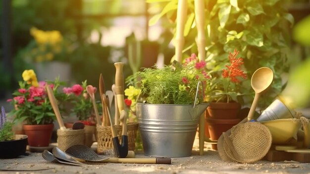 Conjunto de herramientas de jardinería para jardinero y macetas en Sunny Garden Generative Ai