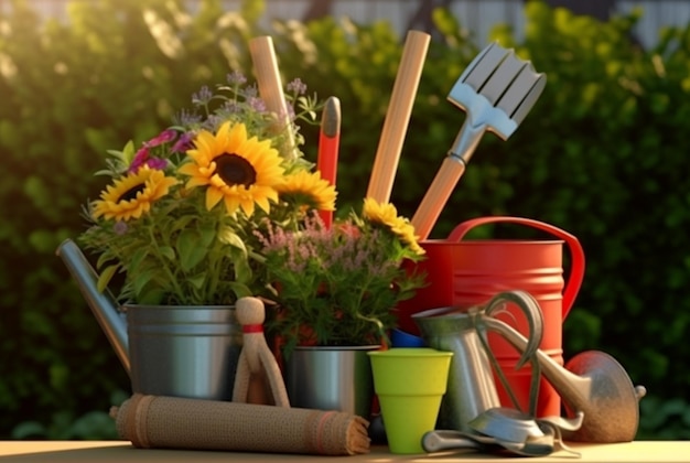 Conjunto de herramientas de jardinero y macetas en un jardín soleado con sol generativo ai