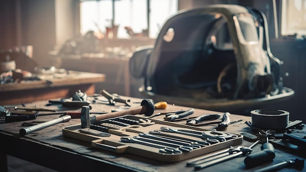 Conjunto de herramientas de reparación de taller en la mesa