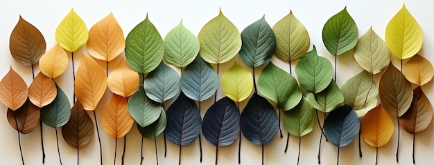 Un conjunto de hojas de diferentes colores en orden con fondo blanco para banners web y portadas de Facebook