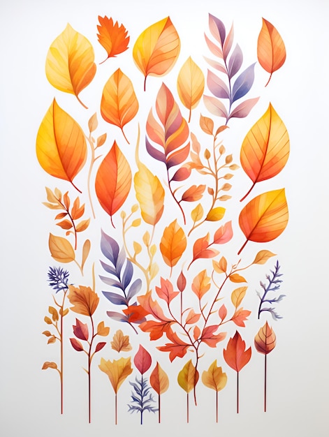 Conjunto de hojas de otoño aisladas sobre fondo blanco Hojas con textura de acuarela ilustración de otoño Fondo de otoño para materiales promocionales de redes sociales anuncios banners postales AI