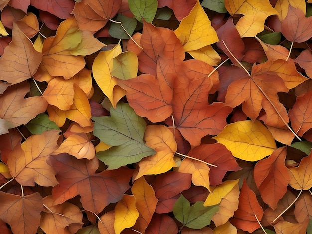 Un conjunto de hojas de otoño, cada una de diferente tamaño y forma dispuestas en un fascinante mosaico.