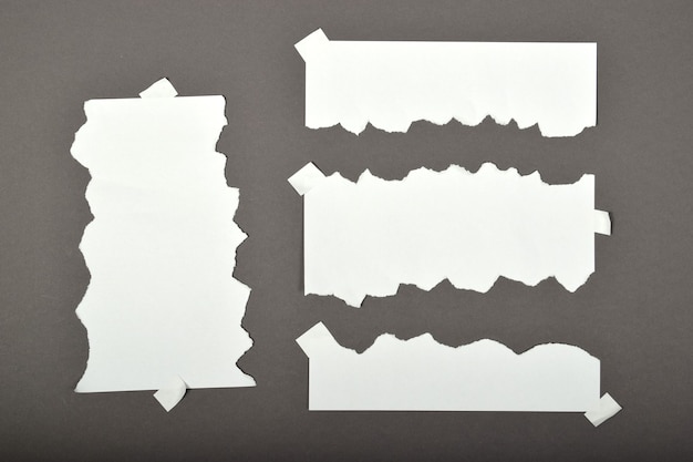 Conjunto de hojas de papel rasgadas con pegatinas aisladas sobre fondo gris