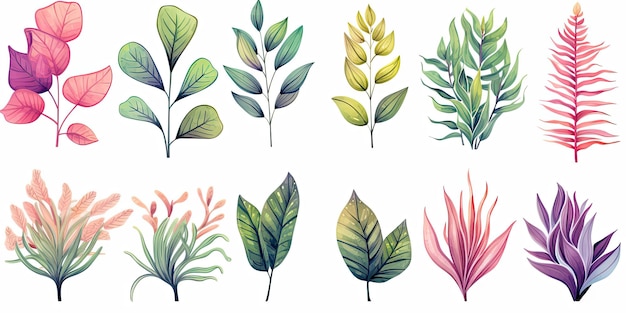 Conjunto de hojas de plantas en estilo acuarela plantas de la selva hojas brillantes y suculentas