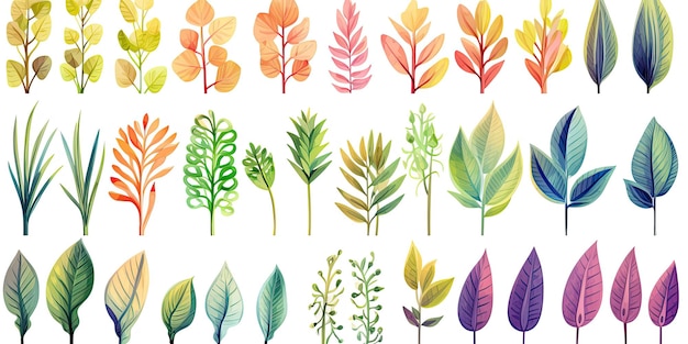 Conjunto de hojas de plantas en estilo acuarela plantas de la selva hojas brillantes y suculentas