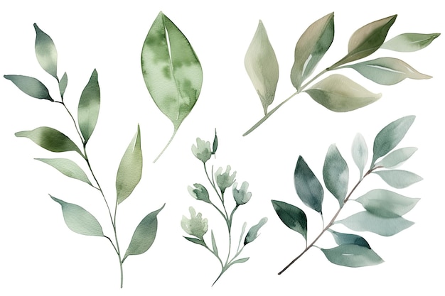 Foto un conjunto de hojas verdes sobre un fondo blanco.