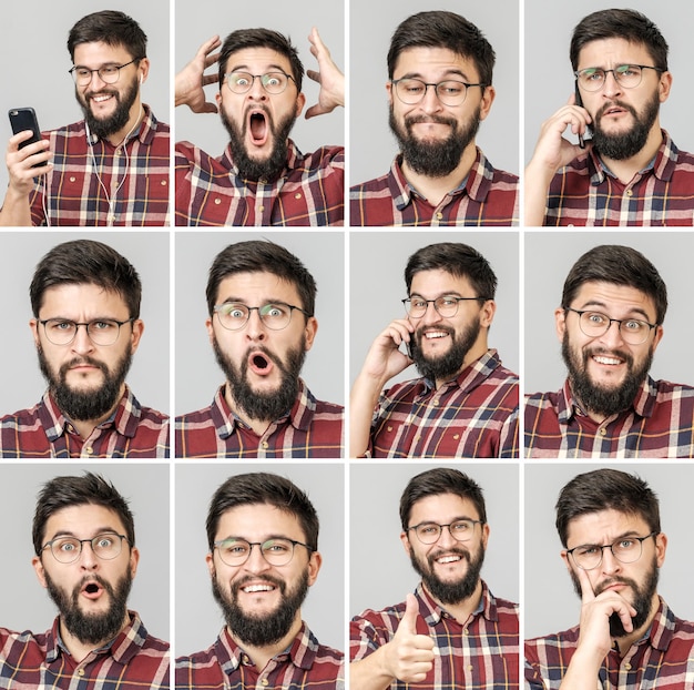 Foto conjunto de hombre guapo con diferentes emociones y gestos.