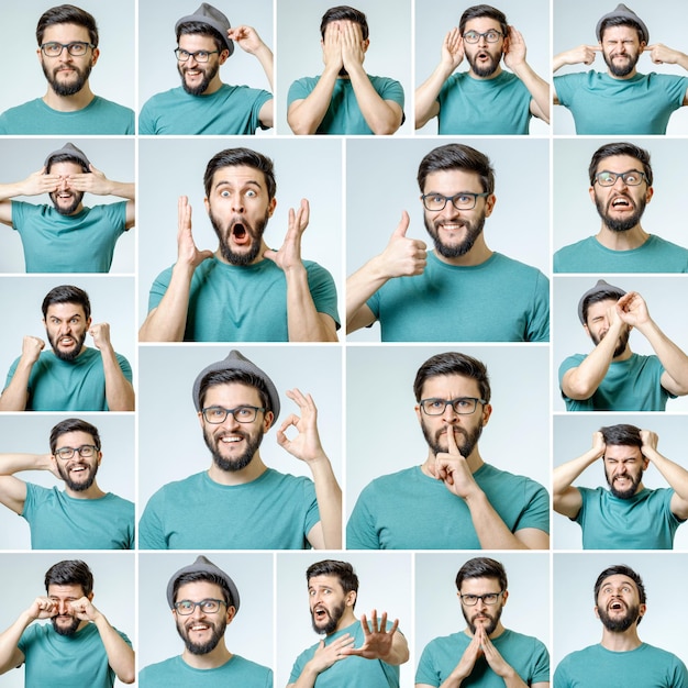 Foto conjunto de un hombre hermoso y emocional aislado sobre un fondo gris