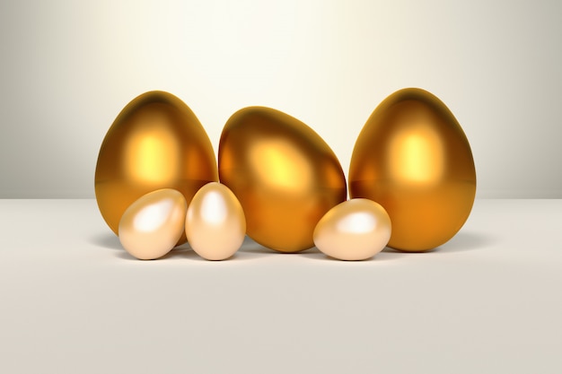 Foto conjunto de huevos de pascua brillantes dorados sobre blanco