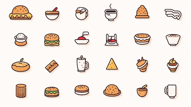 un conjunto de iconos de alimentos y bebidas en un estilo de línea plana generativa ai