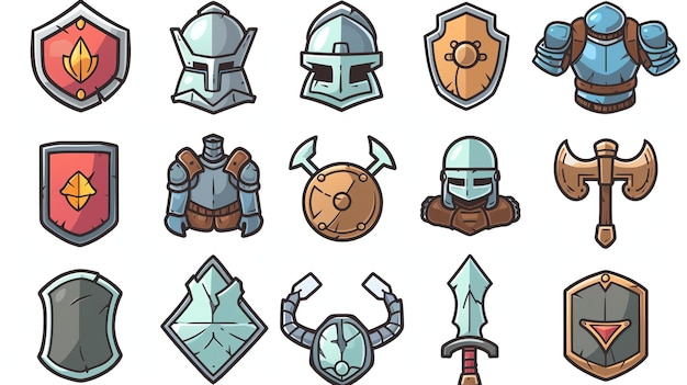 Un conjunto de iconos de armaduras medievales de dibujos animados vectoriales El paquete incluye escudos cascos espadas y hachas