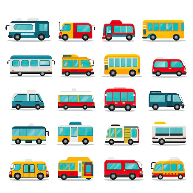 Foto conjunto de iconos de autobús en estilo plano ilustración vectorial aislada en fondo blanco