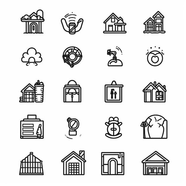 Un conjunto de iconos en blanco y negro de casas y edificios generativos ai