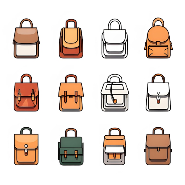 Conjunto de iconos de bolsa de trabajo ilustración de escuela de bolsa de viaje