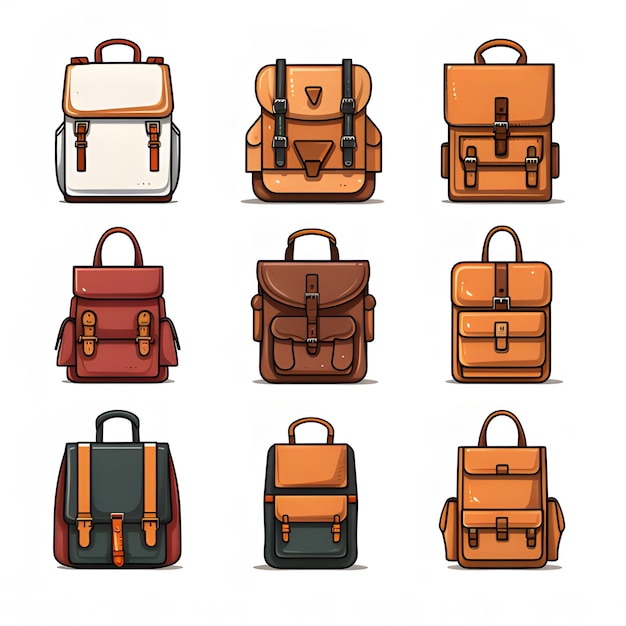 Conjunto de iconos de bolsa de trabajo ilustración de escuela de bolsa de viaje