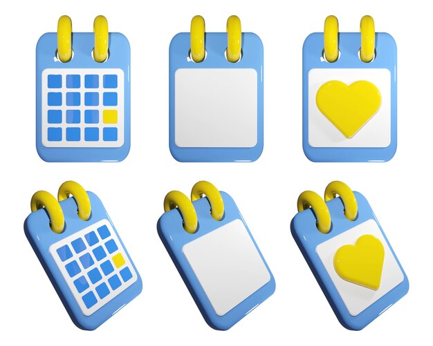 Conjunto de iconos de calendario de procesamiento 3d para proyectos de interfaz de usuario Colección con bloc de notas en azul y amarillo