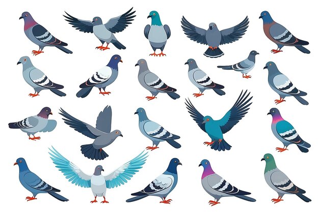 Foto conjunto de iconos coloridos de pájaros paloma volando y sentados diseño de personajes de dibujos animados planos