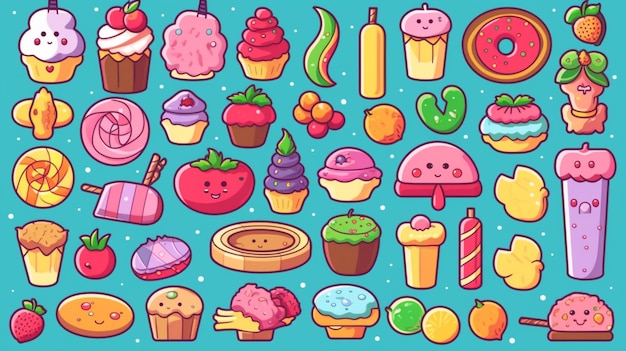 Foto un conjunto de iconos de comida de dibujos animados con diferentes formas y colores generativos ai