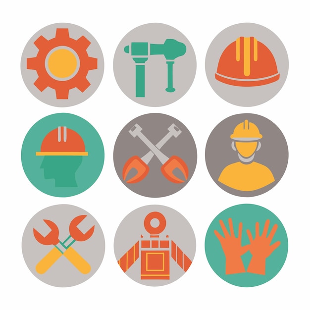 Conjunto de iconos de construcción que incluye guantes de llave inglesa de casco y más
