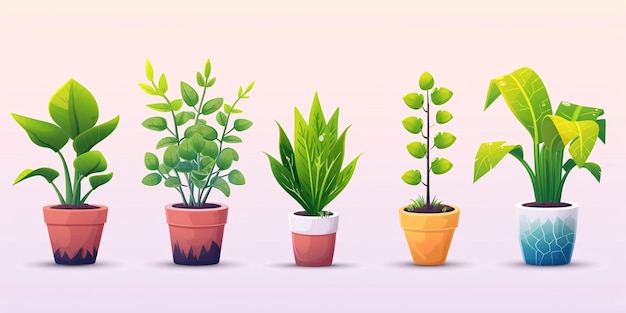 Conjunto de iconos de dibujos animados en 3D con plantas de interior, plantas en maceta y brotes de árboles