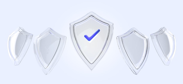 Conjunto de iconos de escudo transparente de vidrio Representación 3d Símbolo de protección y seguridad con marca de verificación azul insignia antivirus computadora o seguridad de acceso móvil aislado en la vista lateral frontal de fondo