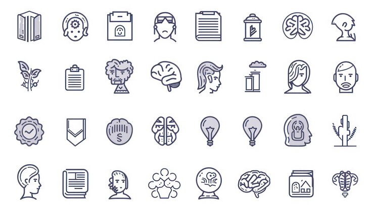 Conjunto de íconos de esquema simple sobre la psicología de la personalidad y el desarrollo personal
