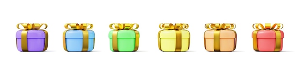 Conjunto de iconos estilizados de dibujos animados en 3D de cajas de regalos con arco de cinta aislado sobre fondo blanco