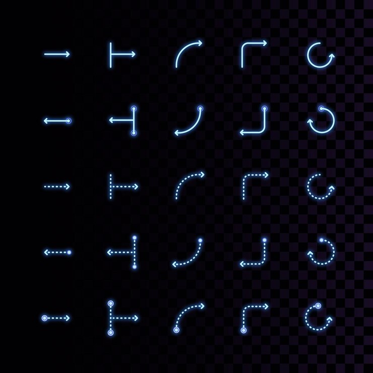 Conjunto de iconos de flecha vectorial Diseño de flecha minimalista redonda, delgada y ligera Colores de neón Brillo borroso Tema oscuro Interfaz de usuario de escritorio y aplicación móvil Infografías plan de negocio Educación Conjunto vectorial aislado