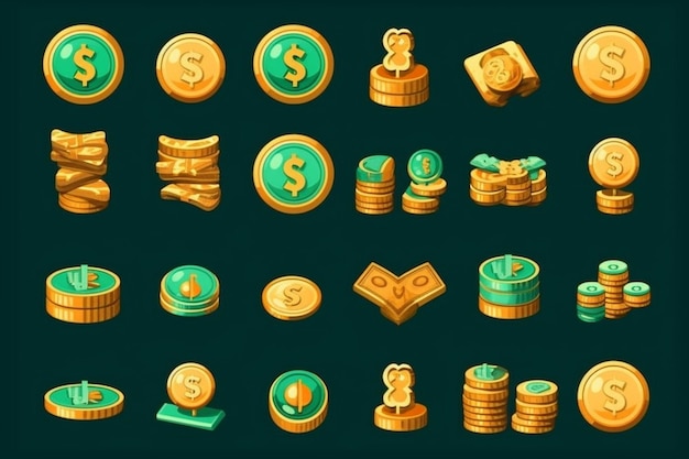 Un conjunto de íconos para un juego con monedas de oro y un signo de dólar.