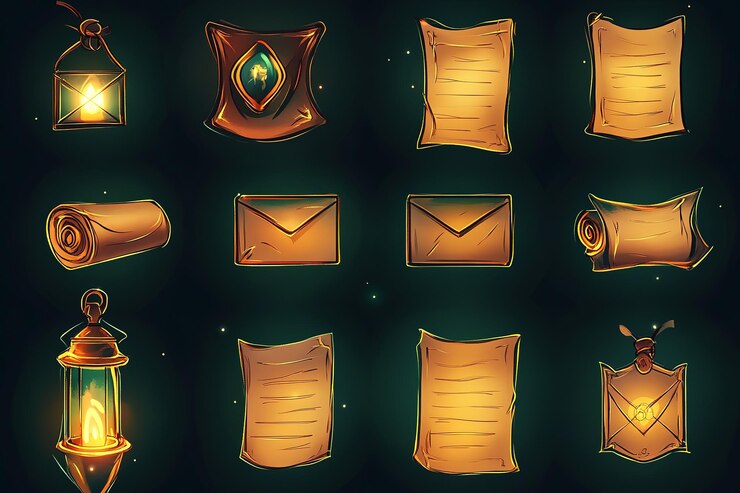 Foto un conjunto de iconos de juego para rollos mágicos pergamino y sobres con luces brillantes en un fondo oscuro