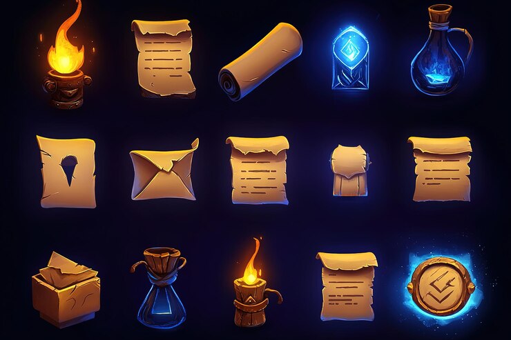 Foto un conjunto de iconos de juego para rollos mágicos pergamino y sobres con luces brillantes en un fondo oscuro