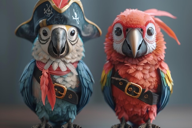 Foto conjunto de íconos modernos en 3d con calaveras y loros emblema pirata