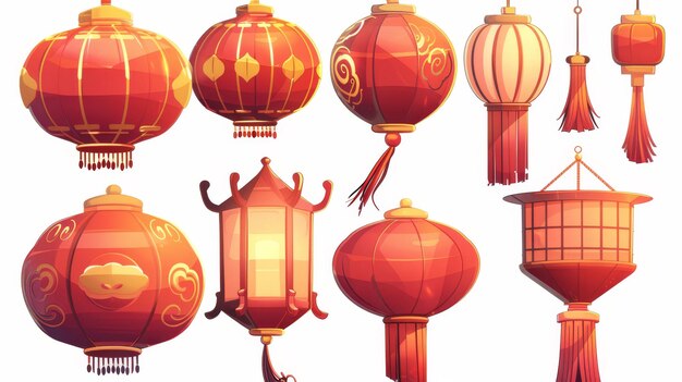 Este conjunto de íconos modernos contiene lámparas de papel orientales con adornos de oro y borlas de China Son decoraciones tradicionales para las celebraciones del Año Nuevo Chino