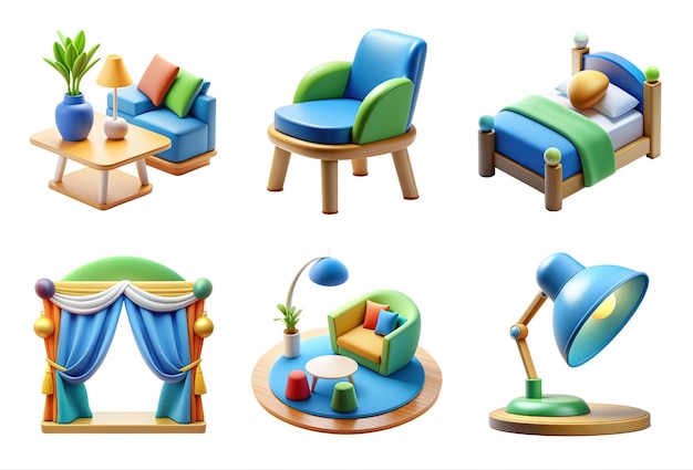 Foto conjunto de iconos de muebles con estilo de renderización 3d en fondo blanco o transparente