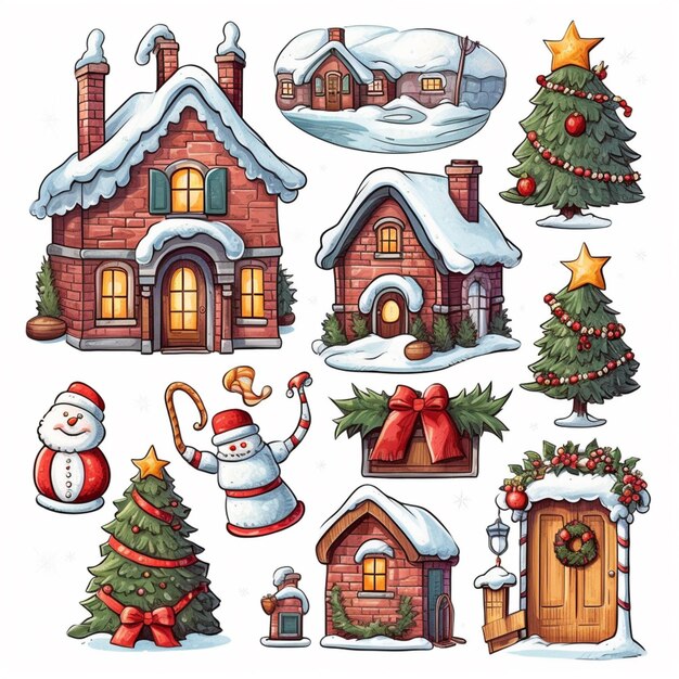 un conjunto de iconos de Navidad que incluye una casa generativa ai