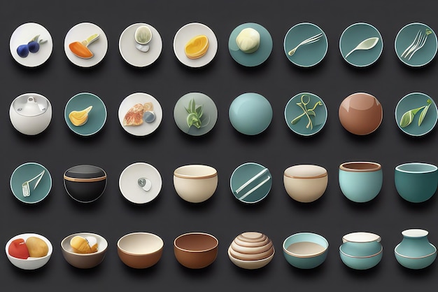 conjunto de iconos de platos surtido de elementos de cocina en 3 diseños, realista muy detallado