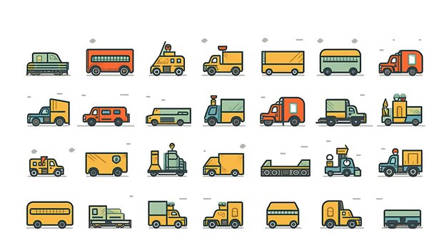 Un conjunto de íconos que muestran la entrega en movimiento y otros tipos de camiones al estilo de tomas de alto contraste con letras en negrita IA generativa