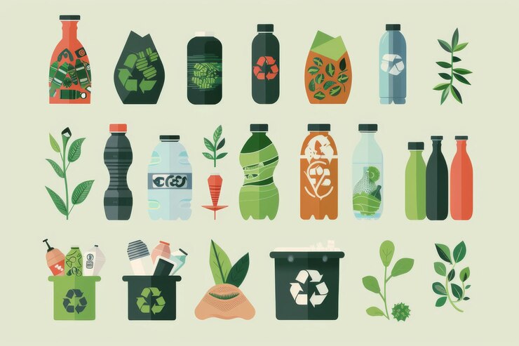 Un conjunto de íconos de reciclaje y ecológicos que incluyen símbolos para contenedores de reciclado, botellas y hojas sobre un fondo verde