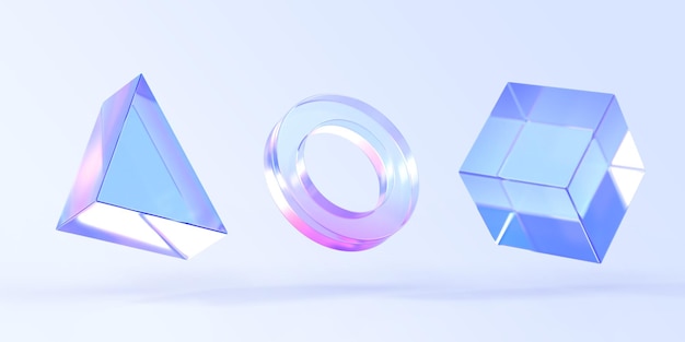 Conjunto de iconos de renderizado 3d de anillo de triángulo de vidrio y caja de cubo Formas geométricas abstractas con textura de degradado holográfico objetos de arco iris de cristal elementos gráficos aislados en el fondo