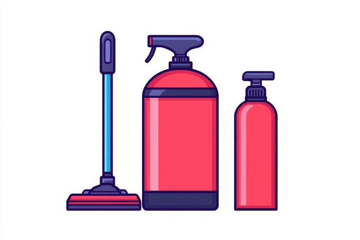 Foto conjunto de íconos simples que representan suministros de limpieza comunes una aspiradora un limpiador y una botella de pulverización estas tres herramientas de limpia están agrupadas en un fondo blanco limpio