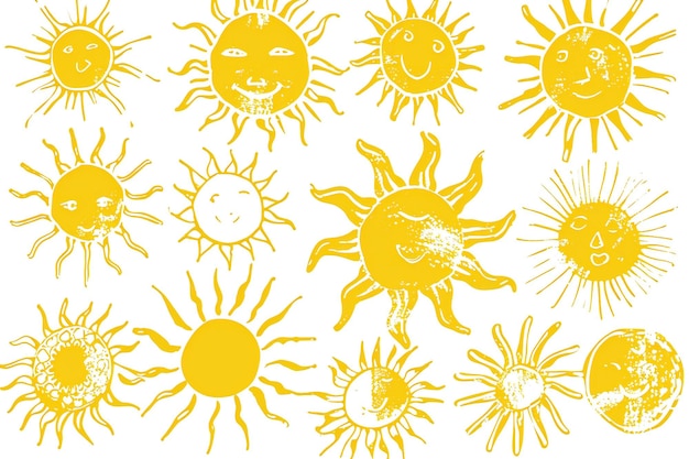 Conjunto de iconos de sol dibujados a mano
