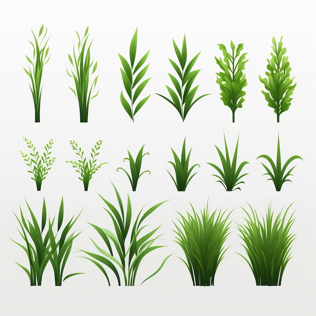 Conjunto de iconos vectoriales de hierba y plantas verdes muy detallados