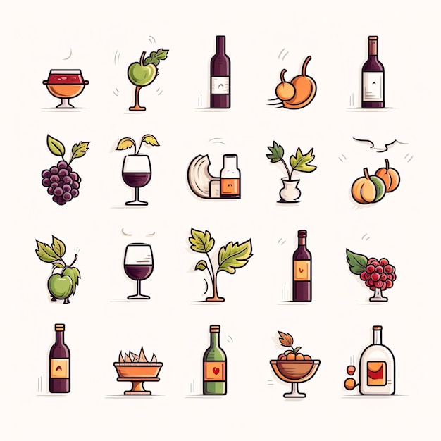 Conjunto de iconos de vino y uvas Ilustración vectorial en estilo doodle