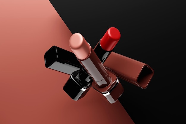 Conjunto de ilustración 3D de lápices labiales de color Escena de maquillaje y cosméticos para el diseño de productos de marca de belleza